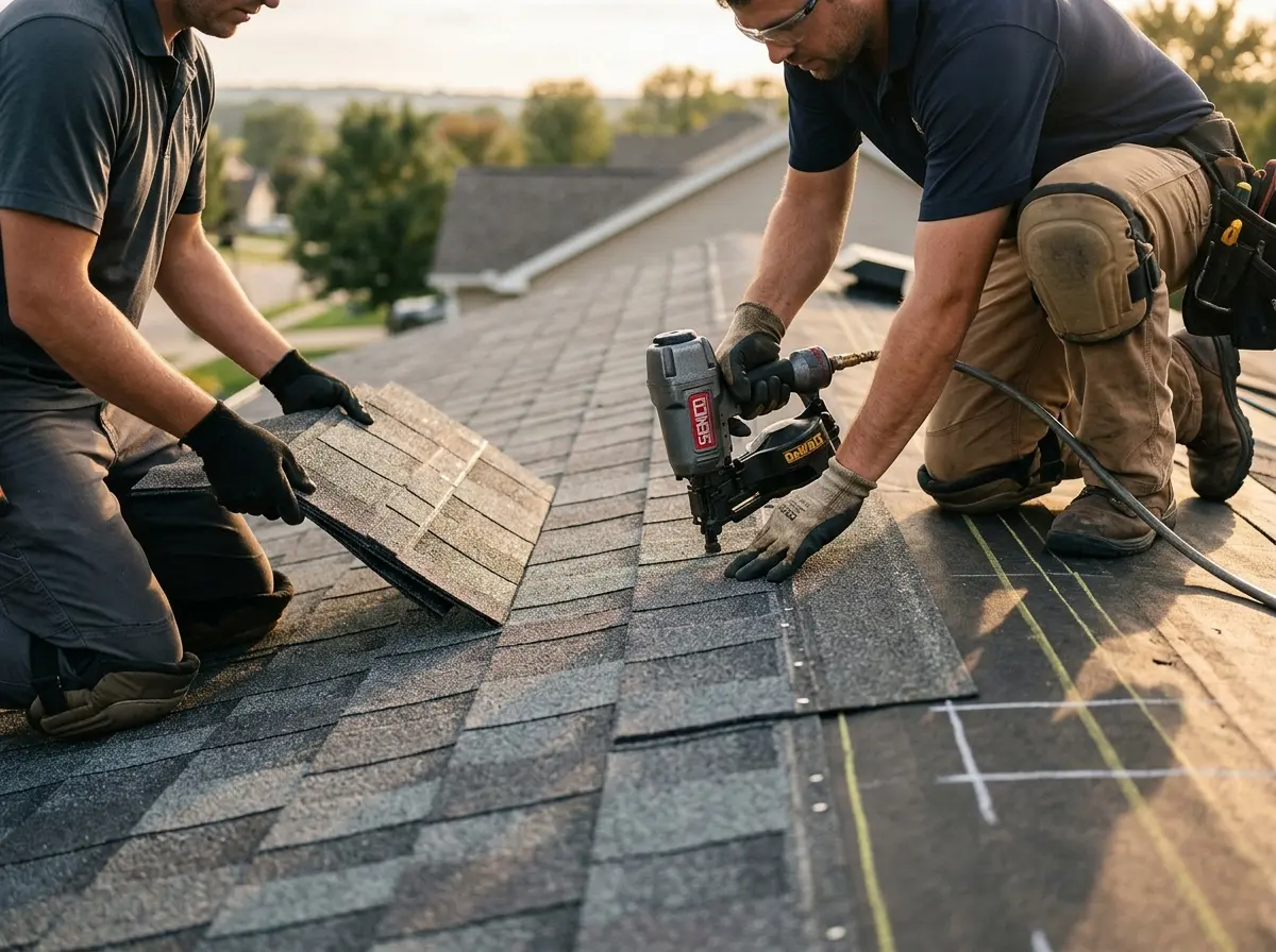 Professional roofer working on a residential roof in Thornapple